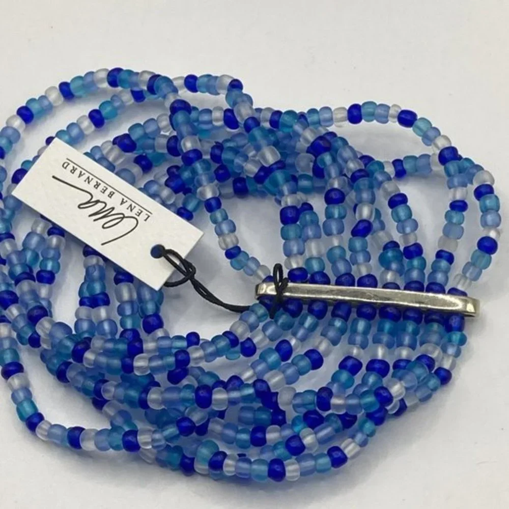 Lena Bernard Free People Multi Strand Blue Bead Stretch Silver Tone Bracelet NWT